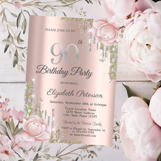 Drips Rose Gold Rosa Blommor 90-årsdag Inbjudningar (Skapare uppladdad)