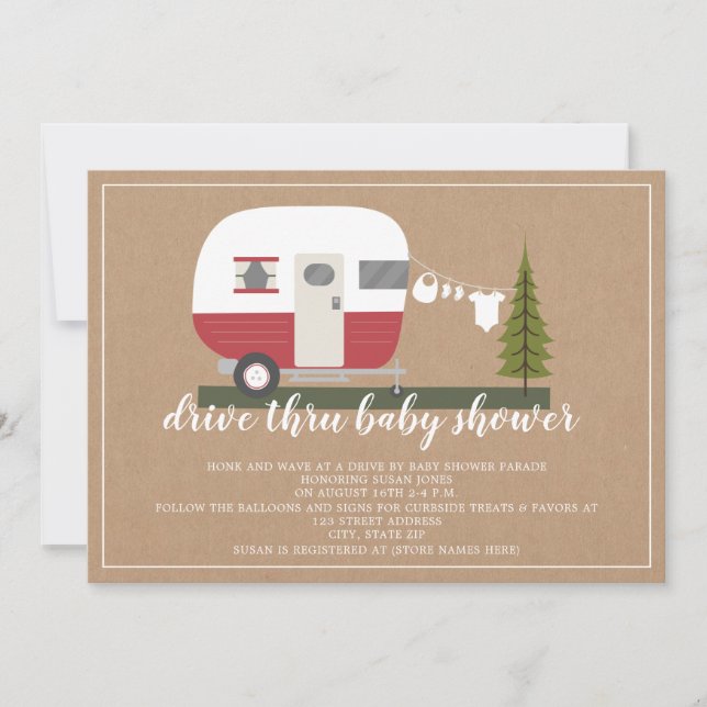 Driva Thru Baby Shower Red Camper Woodland Inbjudningar (Framsida)