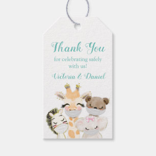 Drive By Baby Shower Baby Djur Med Masker Teal Presentetikett