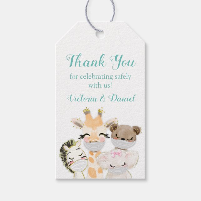 Drive By Baby Shower Baby Djur Med Masker Teal Presentetikett (Framsidan)