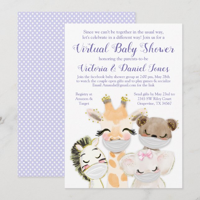 Drive By Baby Shower Bebisdjur med Masker Inbjudningar (Fram/baksida)