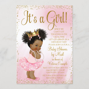 Drive By Baby Shower Rosa Guld Afro Prinsessa Tutu Inbjudningar