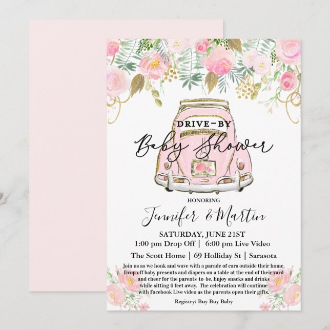 Drive By Baby Shower Virtuell Baby Shower Inbjudningar (Fram/baksida)