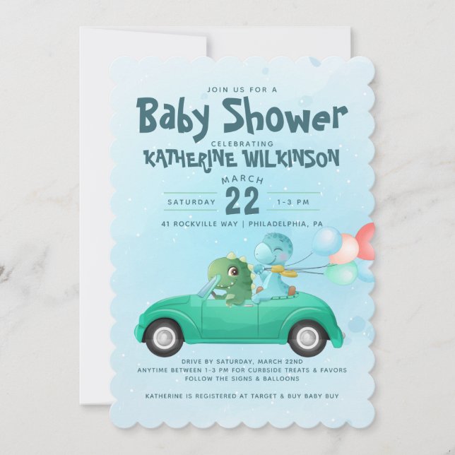 Drive By | Dinosaur Bebis Shower Inbjudan (Framsida)