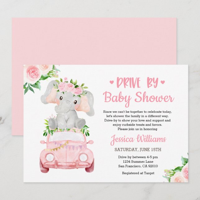 Drive By Elefant Baby Shower Flicka Inbjudningar (Fram/baksida)