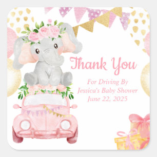 Drive By Elefant Baby Shower Tack För Klistermärke