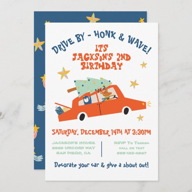 Drive by julbil festlig födelsedagsparad inbjudningar (Fram/baksida)