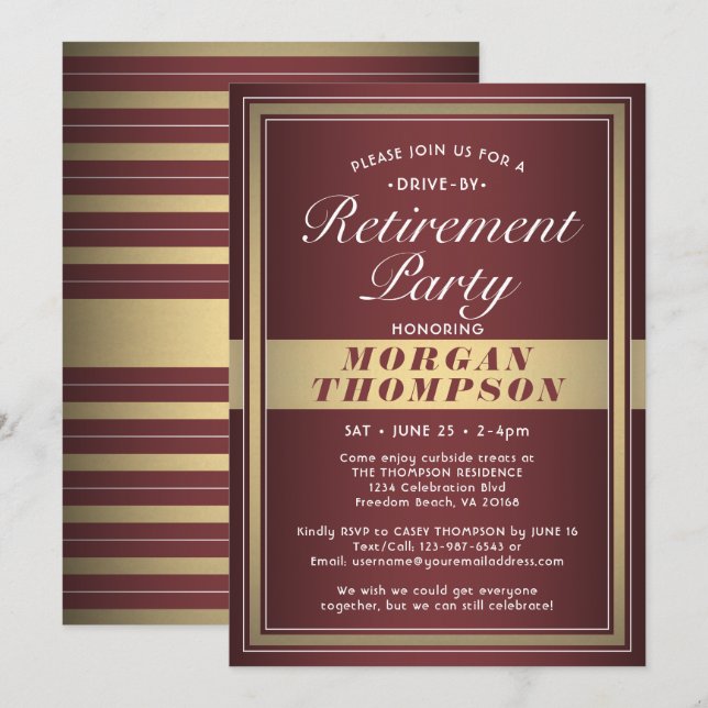 Drive by Pension Party Burgundy Red Guld White Inbjudningar (Fram/baksida)