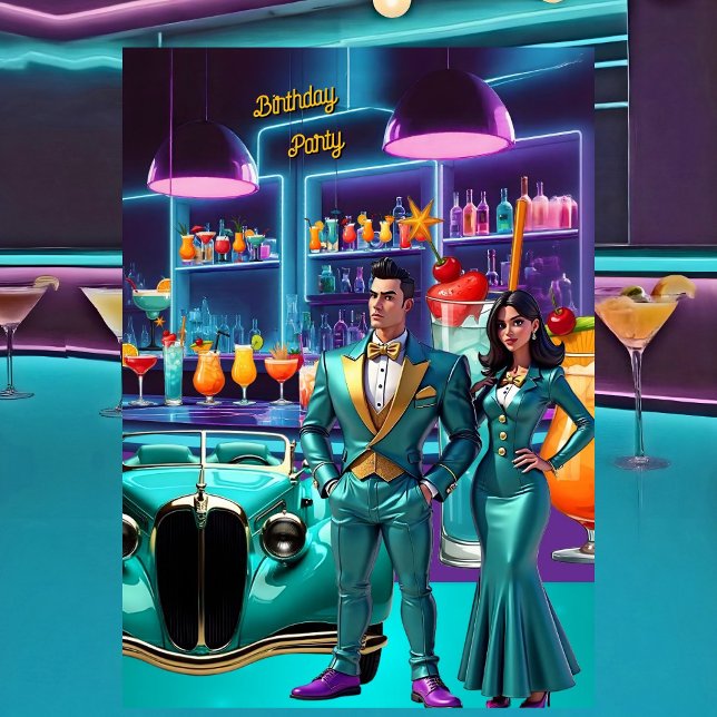 Drive-in Cocktail Bar Födelsedagsfest Färgglad Kul Inbjudningar (Skapare uppladdad)