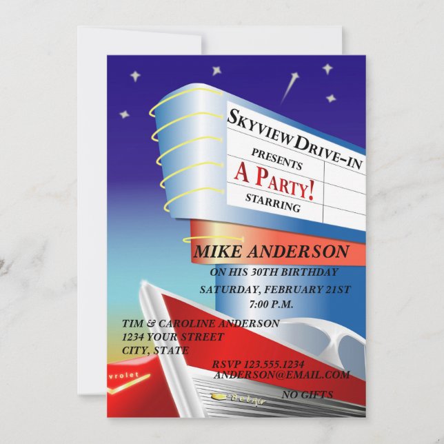 Drive-in- filmtemainbjudan inbjudningar (Framsida)