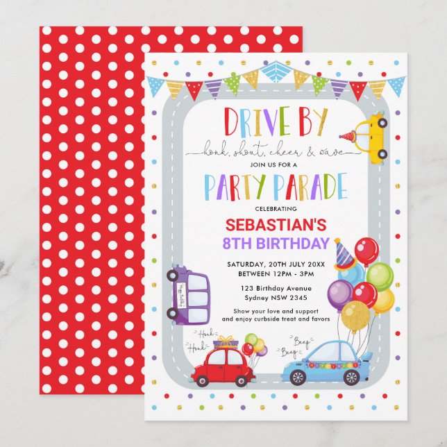Drive Thru Birthday Parad Quarantine Party Inbjudningar (Fram/baksida)
