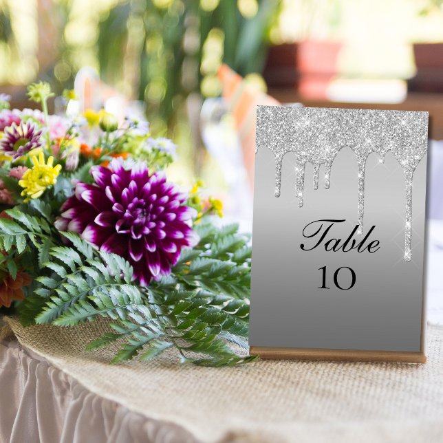 Drivkort för Bordsnumret Bröllop i Silver Glitter Inbjudningar (Silver Dripping Glitter Elegant Wedding Table number Cards)