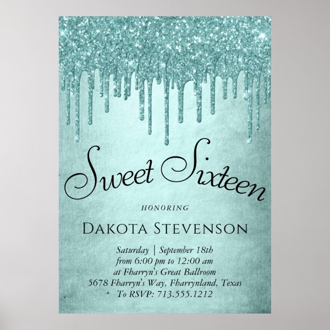 Drivmedelspunkt Glitter | Aqua Teal Sweet sixteen Poster (Framsidan)