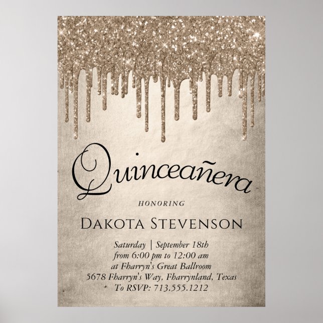 Drivmedelstyp Glitter | Champagne Quinceanera Poster (Framsidan)