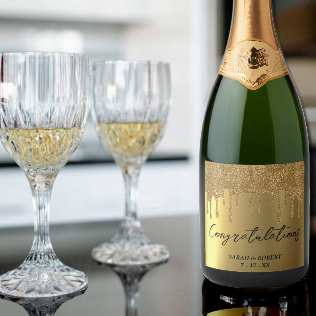 Drivning Bröllop vid guld vid Glitter (Gold Glitter Drip Wedding Sparkling Wine Label)