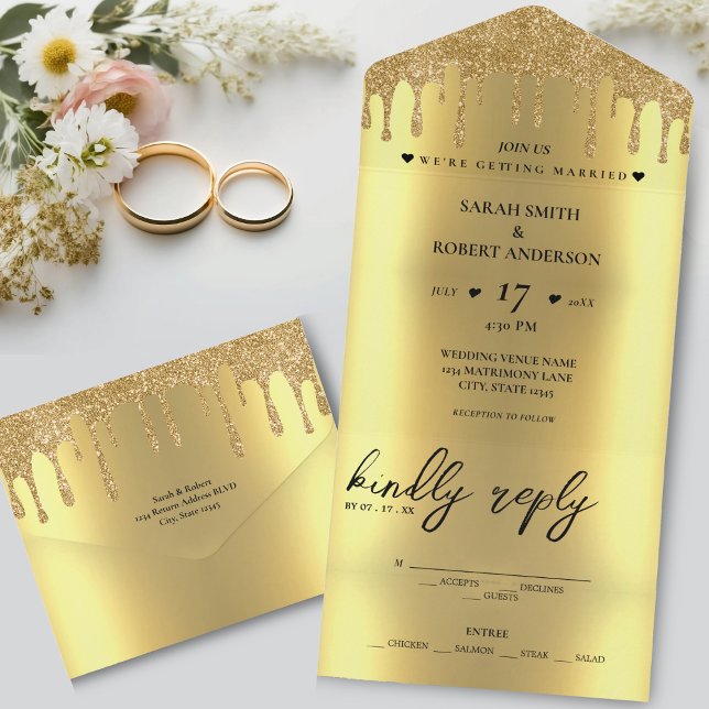 Drivning Bröllop vid guld vid Glitter (Gold Glitter Drip Wedding All In One Invitation)