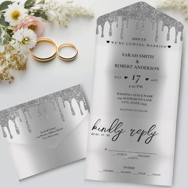 Drivning Bröllop vid silver vid Glitter (Silver Glitter Drip Wedding All In One Invitation)