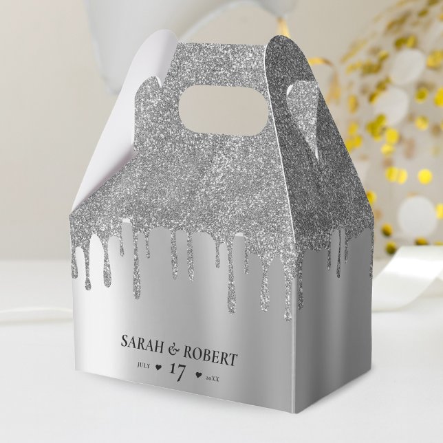 Drivning Bröllop vid silver vid Glitter Presentaskar (Silver Glitter Drip Wedding Favor Box)