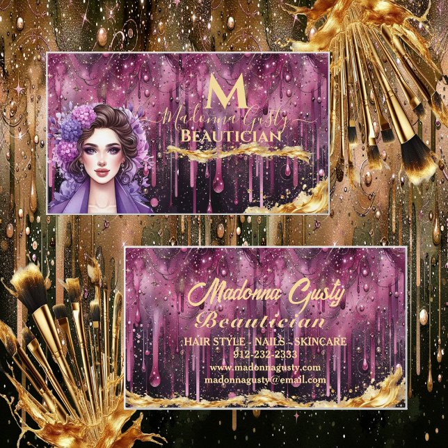 Drivning Magenta Guld Monogram Beauty Hair Stylist Visitkort (Dripping Magenta Gold Monogram Beauty Hair Stylist Business Card)