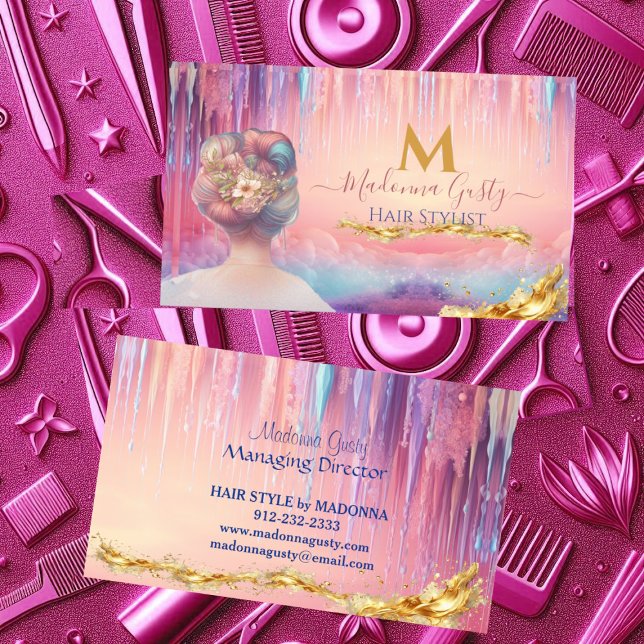 Drivning Pastel Rosa Guld Monogram Hair Stylist Visitkort (Dripping Pastel Pink Gold Monogram Hair Stylist Business Card)