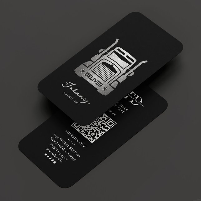 Drivrutinen Logistics Lastbil Elegant Black Silver Visitkort (Logistics Truck Driver Elegant Black Silver Business Card
)