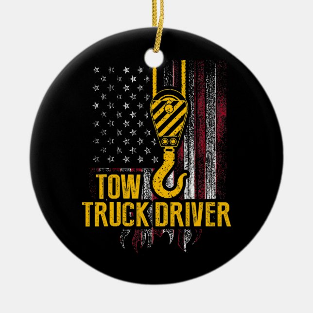 Drivrutinen Tow Lastbil USA flagga Funny Trucker  Julgransprydnad Keramik (Framsidan)