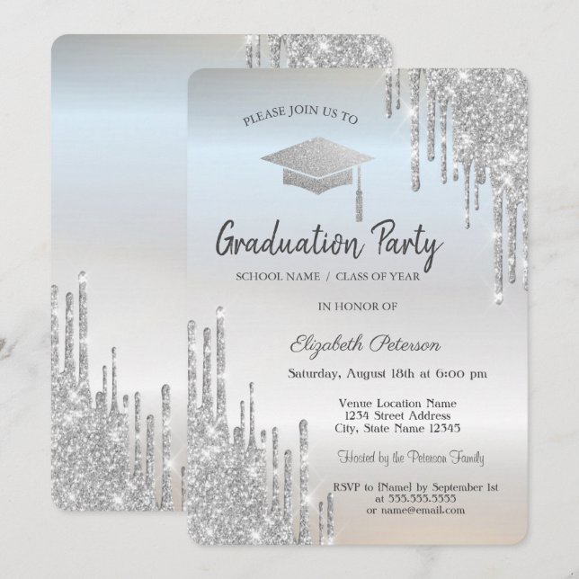 Drivrutiner för silver Studentmössa Glitter Inbjudningar (Fram/baksida)
