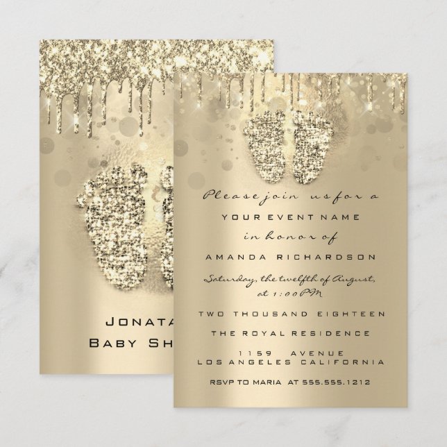 Drivrutiner Glitter Baby Shower Feet Sepia Dots Gi Inbjudningar (Fram/baksida)