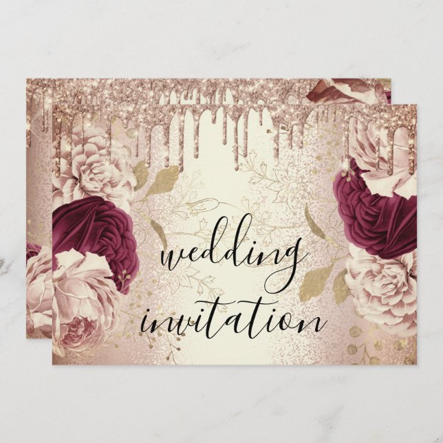 Drivrutiner Marsala Bröllop Ro Guld Rosor Burgundy Inbjudningar (Fram/baksida)