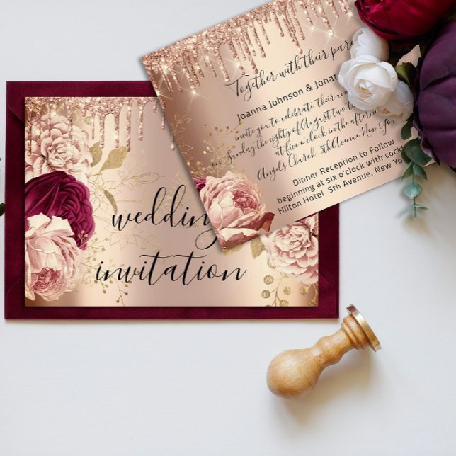 Drivrutiner Marsala Bröllop Ro Guld Rosor Inbjudningar (Drips Marsala Wedding Rose Gold Roses Invitation)