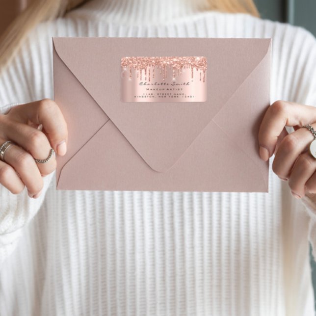 Drivrutiner OSA Ro Guld Sparkly Glitter Makeup Möh Adressetikett (Drips RSVP Rose Gold Sparkly Glitter Makeup Bridal Label)