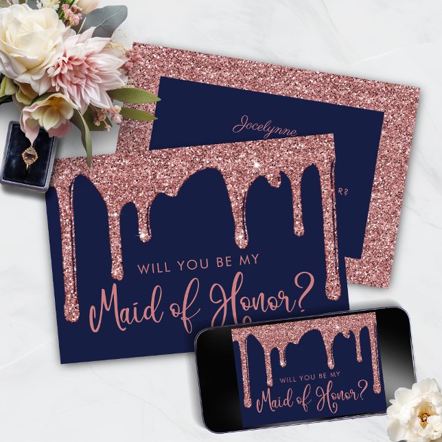 Drivrutiner vid Glitter vid Ro vid havets blå Guld Inbjudningar (Navy Blue Rose Gold Glitter Drips Maid of Honor Proposal)