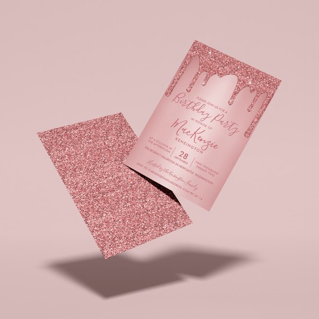 Drivrutiner vid Gnistran ro vid Glitter varje år Inbjudningar (Rose Gold Dripping Glitter Birthday Party Invitations)