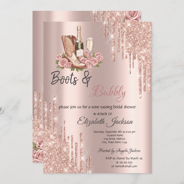 Drivrutiner vid ro Guld vid Vin Boots & Bubly Möhi Inbjudningar (Fram/baksida)