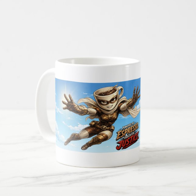 Drivs av Espresso. Drivs av Rättvisa. Kaffemugg (Framsida vänster)
