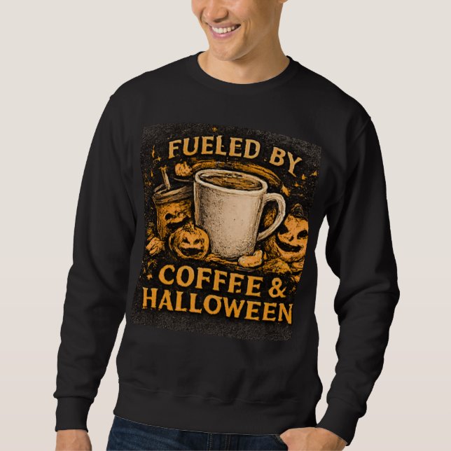 Drivs Av Kaffe & Halloween Roligt Höst Grafisk  Lång Ärmad Tröja (Framsida)