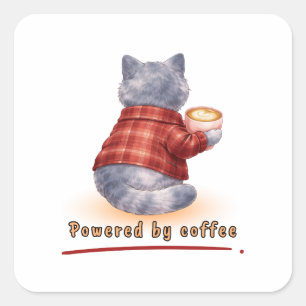 "Drivs av kaffe" Katt som håller en kopp kaffe Fyrkantigt Klistermärke