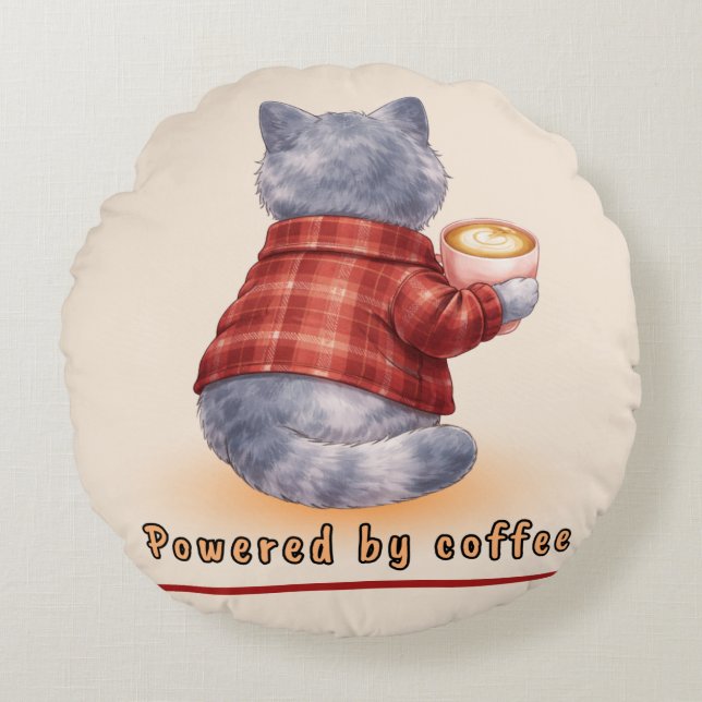 "Drivs av kaffe" Katt som håller en kopp kaffe Rund Kudde (Framsidan)