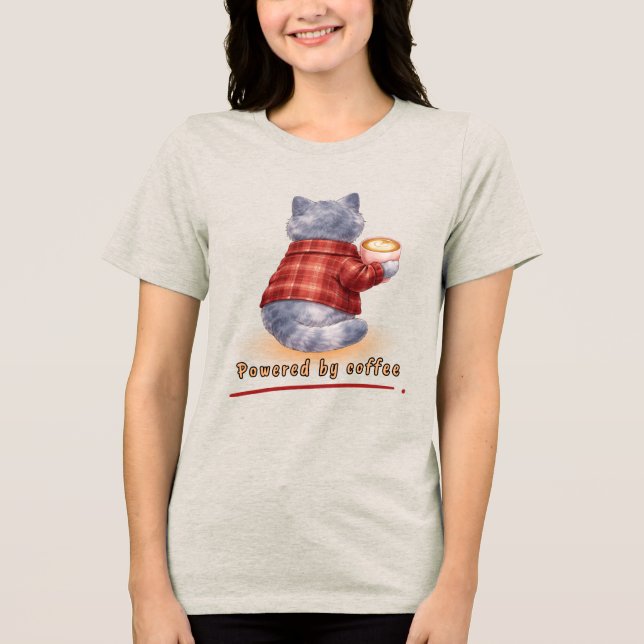 "Drivs av kaffe" katt som håller en kopp kaffe T Shirt (Framsida)