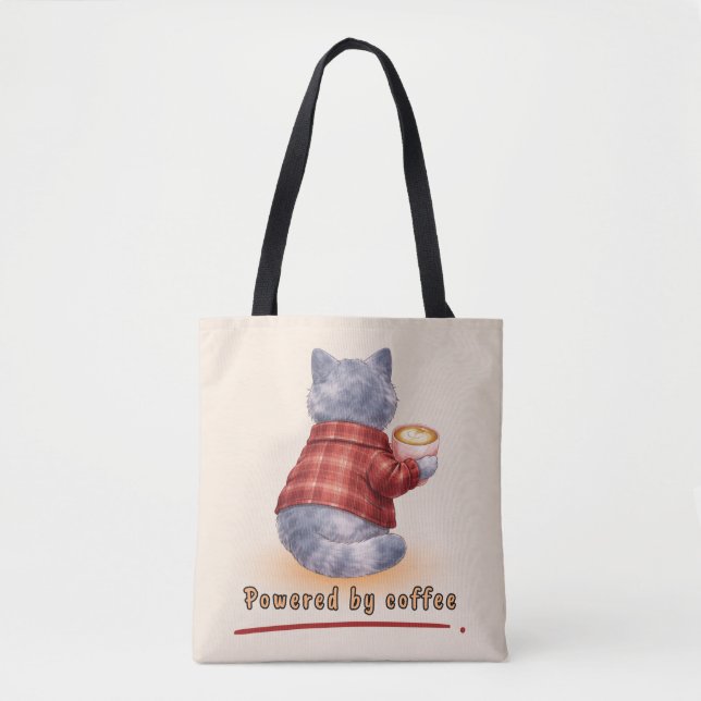 "Drivs av kaffe" Katt som håller en kopp kaffe Tygkasse (Framsida)