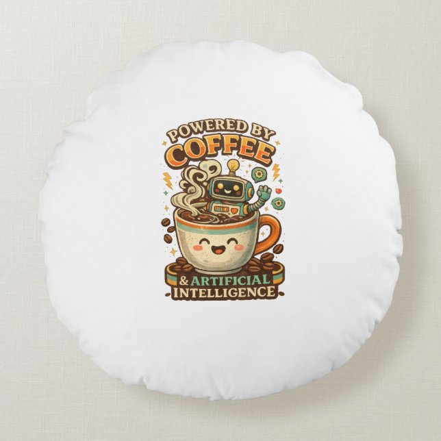Drivs av kaffe och AI Retro kaffe tech Grafisk Rund Kudde (Framsidan)
