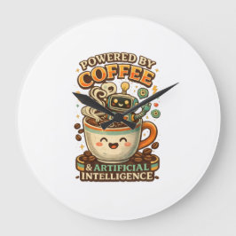 Drivs av kaffe och AI Retro kaffe tech Grafisk Stor Klocka