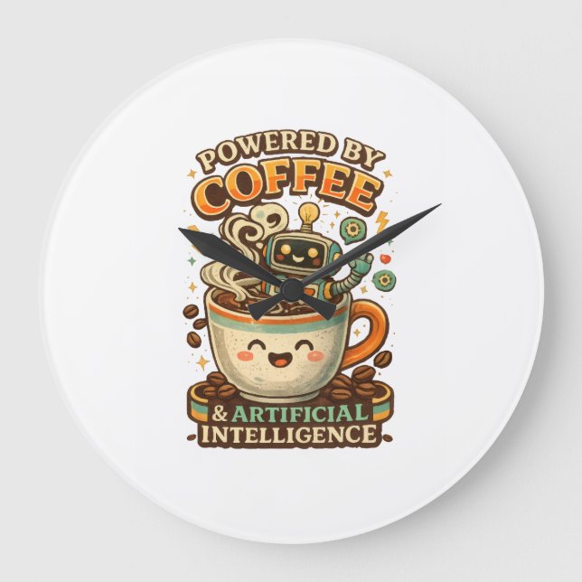 Drivs av kaffe och AI Retro kaffe tech Grafisk Stor Klocka (Framsida)