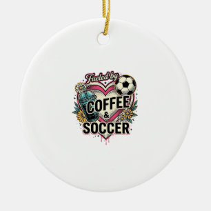Drivs Av Kaffe Och Fotboll Vintage T-Shirt Design_ Julgransprydnad Keramik