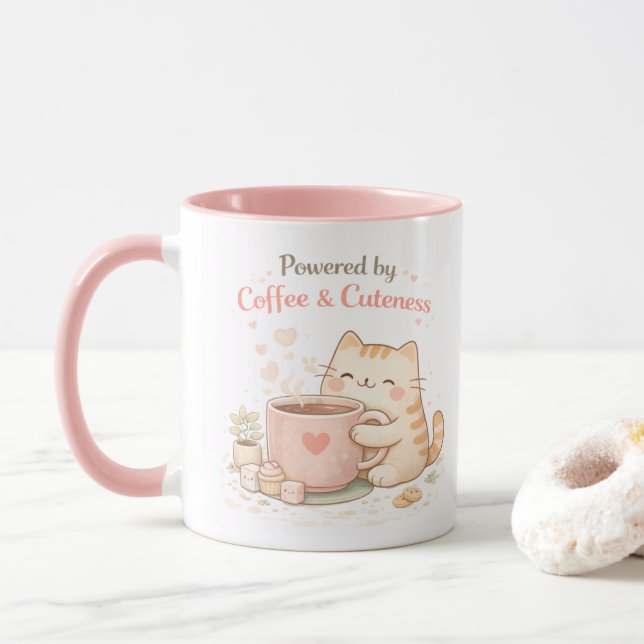 Drivs av kaffe och gullighet Söt katt Söt rosa Mugg (Med munk)