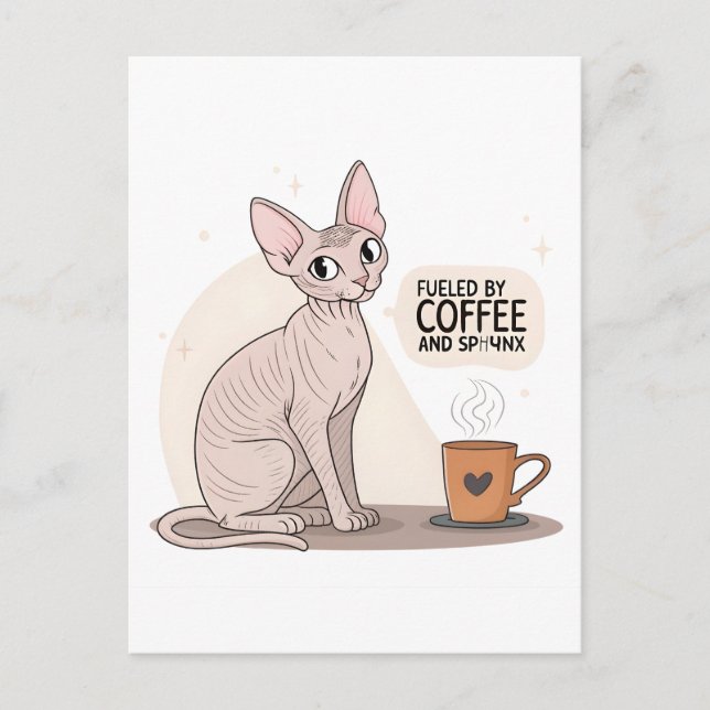 Drivs av kaffe och illustrationer av sphynxkatter vykort (Framsida)