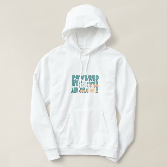 Drivs av kaffe och kaos hoodie (Design framsida)
