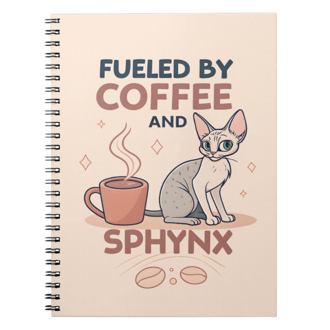 Drivs av kaffe och Sphynx-kattkonst Anteckningsbok (Framsidan)