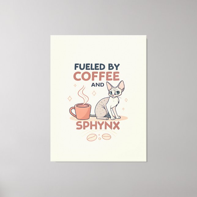 Drivs av kaffe och Sphynx-kattkonst Canvastryck (Framsida)