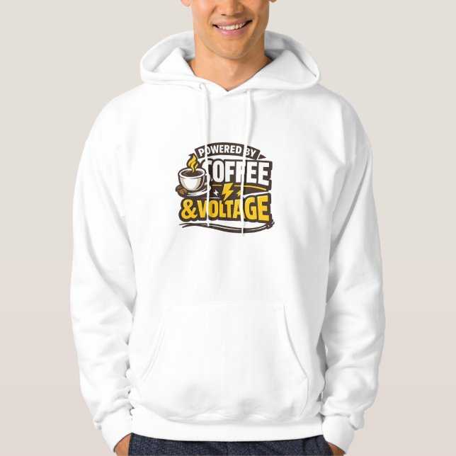 Drivs av kaffe och volt rolig elektriker hoodie (Framsida)